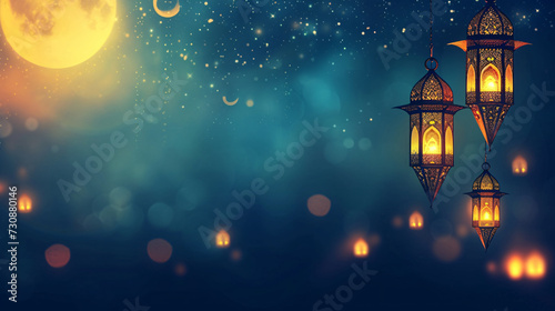 Ramadan Lanterns Hanging Against Starry Night Sky with Crescent Moon