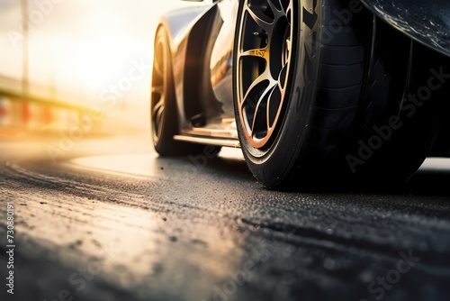 Close-up of a racing car's wheels gripping the asphalt as it maneuvers through a challenging turn on the racetrack