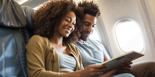 A young interracial couple seated on an airplane, looking at a travel guide photo