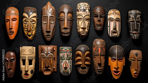 Collection of African masks with intricate designs, representing various tribal cultures photo