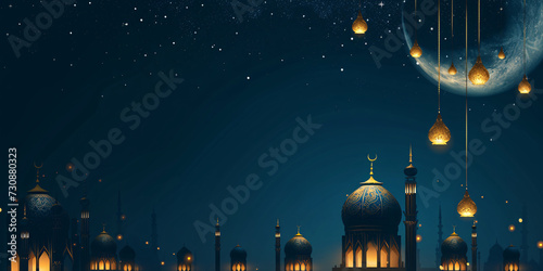 Night Sky Ramadan Scene with Golden Lanterns and Mosque Silhouette
