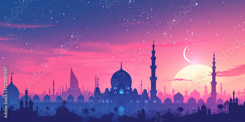 Twilight Ramadan Skyline with Crescent Moon and Mosque Silhouettes