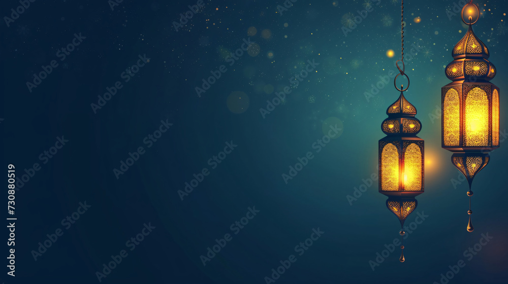 Elegant Ramadan Lanterns Glowing Against Tranquil Blue Night Sky