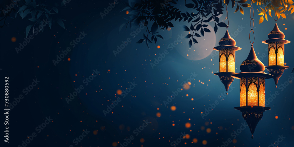Ramadan themed hanging lanterns with arabesque patterns against a serene night sky