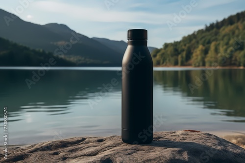 Close-up of a sleek black thermo water bottle against the serene beauty of a lake, blending functionality with nature