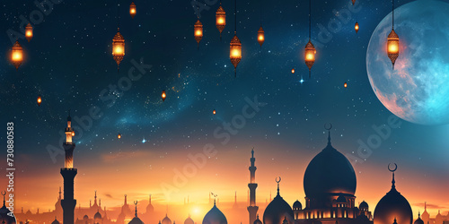 Twilight Cityscape with Islamic Mosques, Lanterns, and Crescent Moon
