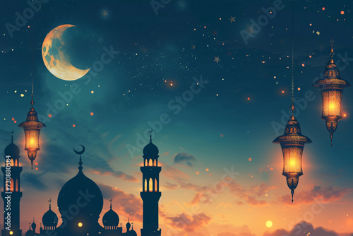 Ramadan Banner with Crescent Moon, Stars, and Illuminated Lanterns Over Mosque Silhouette