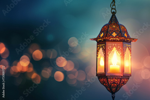 Intricate Arabic Lantern with Candle Light and Bokeh Background