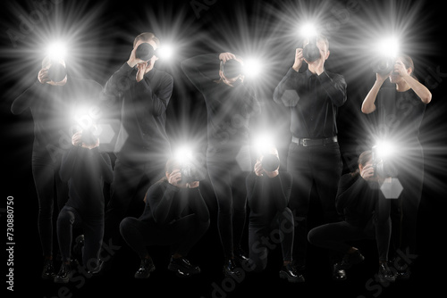 Photography Group of photographers with cameras on black background