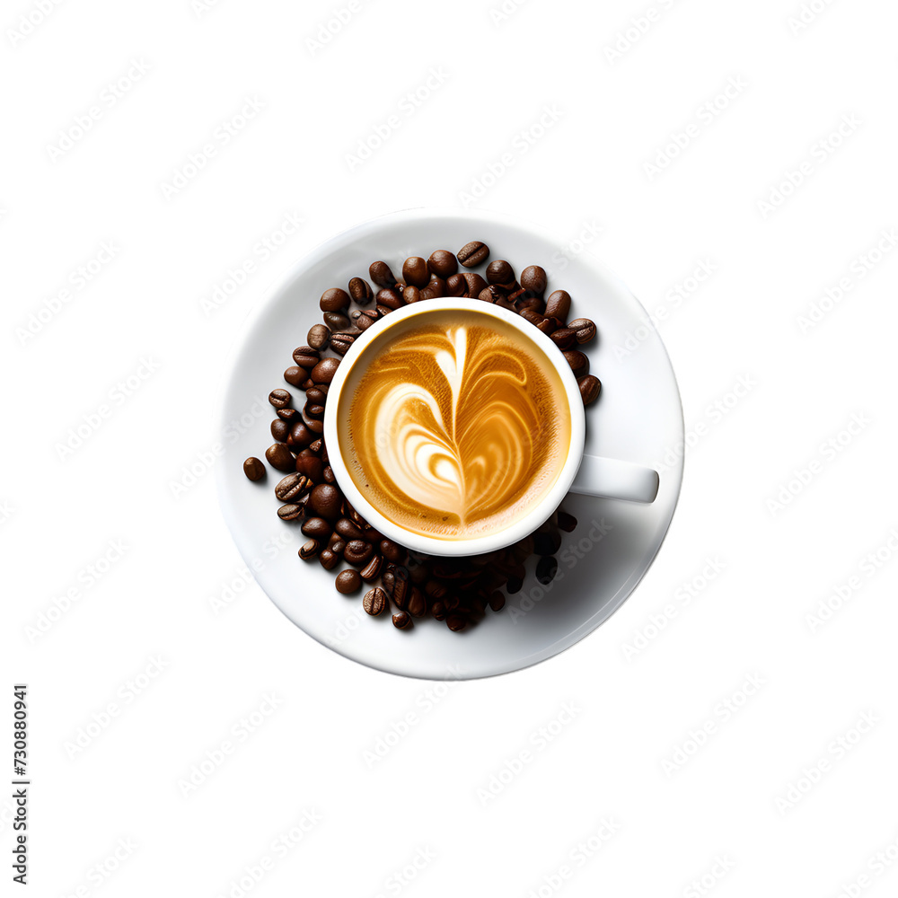 Top view coffee latte and beans isolated white background. Top view coffee latte and beans isolated white background.
