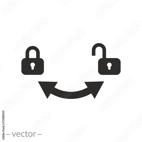 arrows with lock icon, pointer open close, turn right or left, flat symbol on white background - vector illustration
