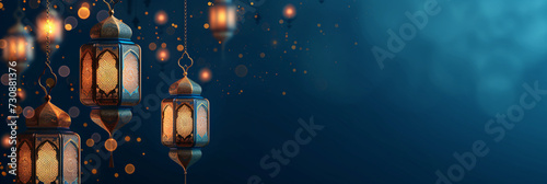 Ramadan traditional lanterns with arabesque pattern and copyspace