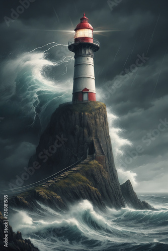 Slender ancient and dilapidated lighthouse on top of a terrible cliff offering atmosphere, big storm and waves at sea