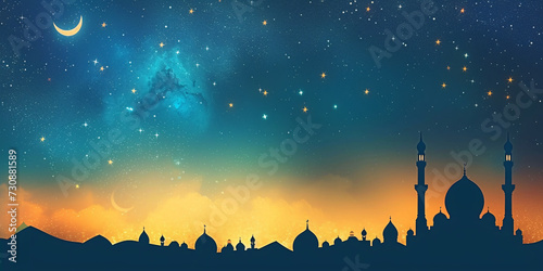 Ramadan Night Skyline with Crescent Moon and Mosque Silhouette