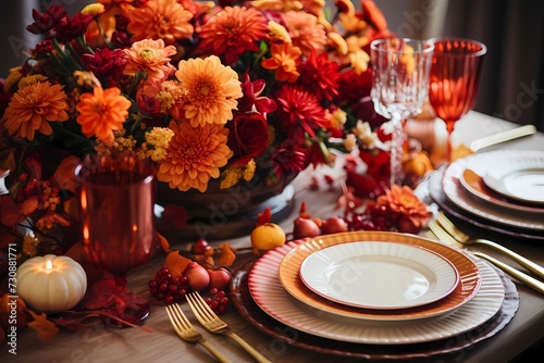 Cozy and inviting autumn table arrangement showcasing stylish plates  gleaming cutlery  crystal-clear glasses  seasonal pumpkins  and a mix of vibrant fall flowers in a flat lay