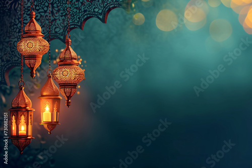 Title: Ramadan Hanging Lanterns with Intricate Arabesque Pattern and Copyspace