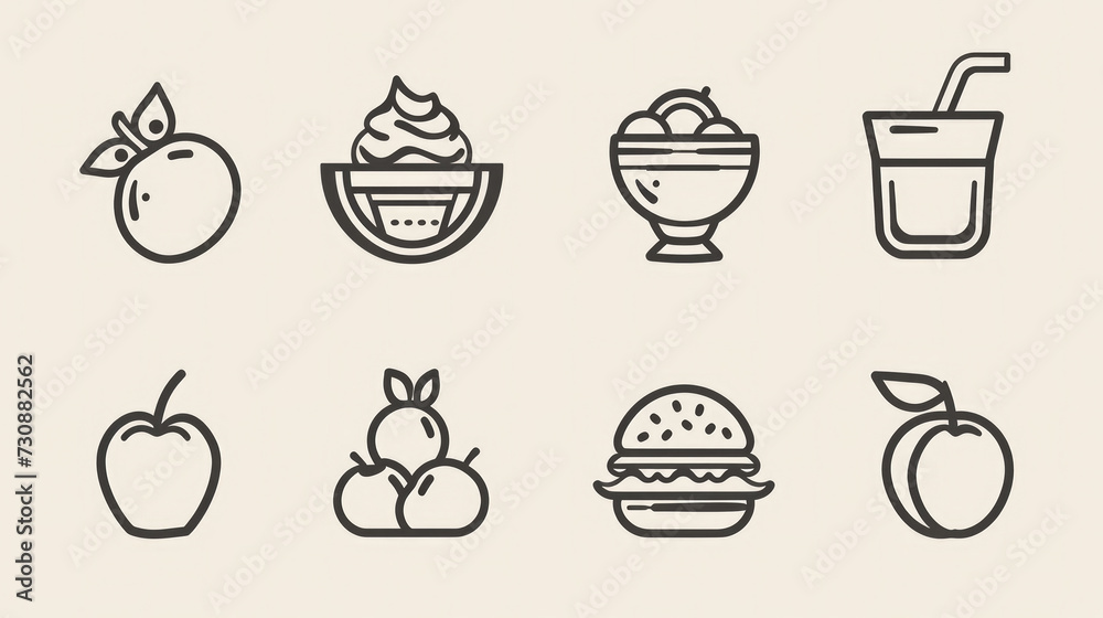 Food and Drink Icons on White Background