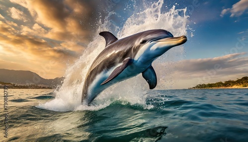 A group of dolphins jumping out of the water make a big splash © blackdiamond67