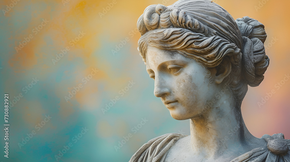 Ancient Greek antique sculpture of a woman goddess ,copy space, generative ai