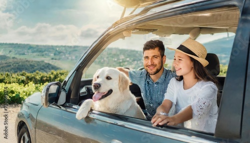 The whole family is driving for the weekend. Mom and Dad with their daughter and a Labrador dog are sitting in the car. Leisure, travel, tourism. © blackdiamond67