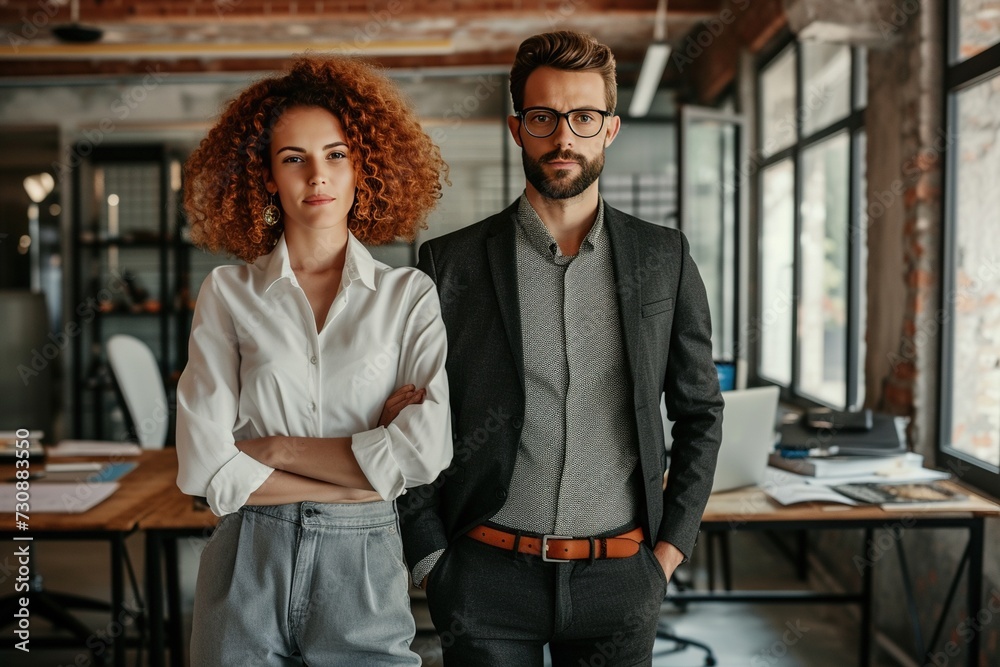 Obraz premium Happy Employee in Vibrant Workspace: Blissful Workplace Atmosphere