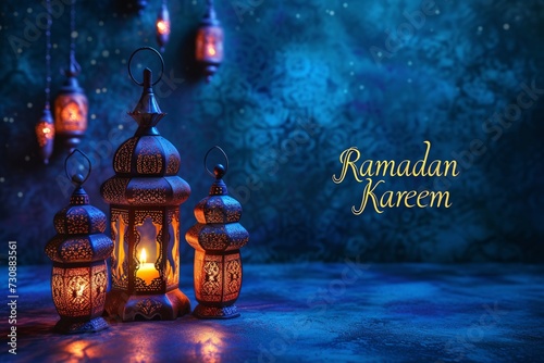 Ramadan Kareem greeting with traditional arabic lanterns and festive lights
