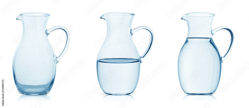 Glass jug isolated on white, collage with empty, semi filled and full