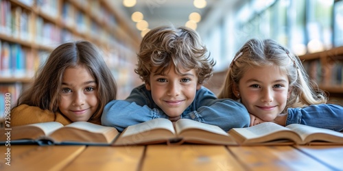 Bookworms - A group of children posing for a picture in front of a bookshelf, showcasing their love for reading and learning. Generative AI photo