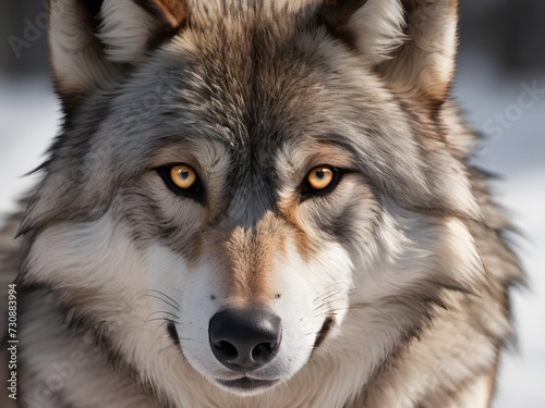 Gray Wolf Close-Up, Intense Golden Eyes Amidst Winter Snow