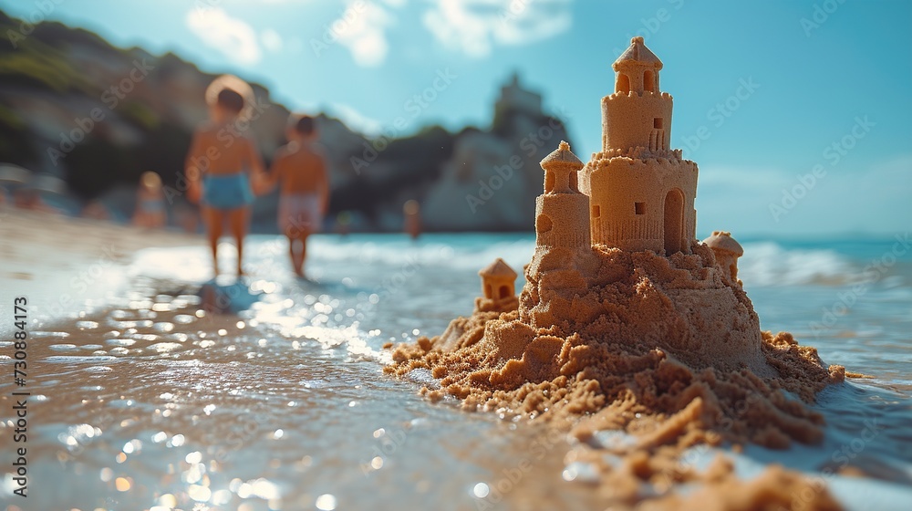 Children play with sand castle on the beach. Selective focus. Generative Ai.  - obrazy, fototapety, plakaty 