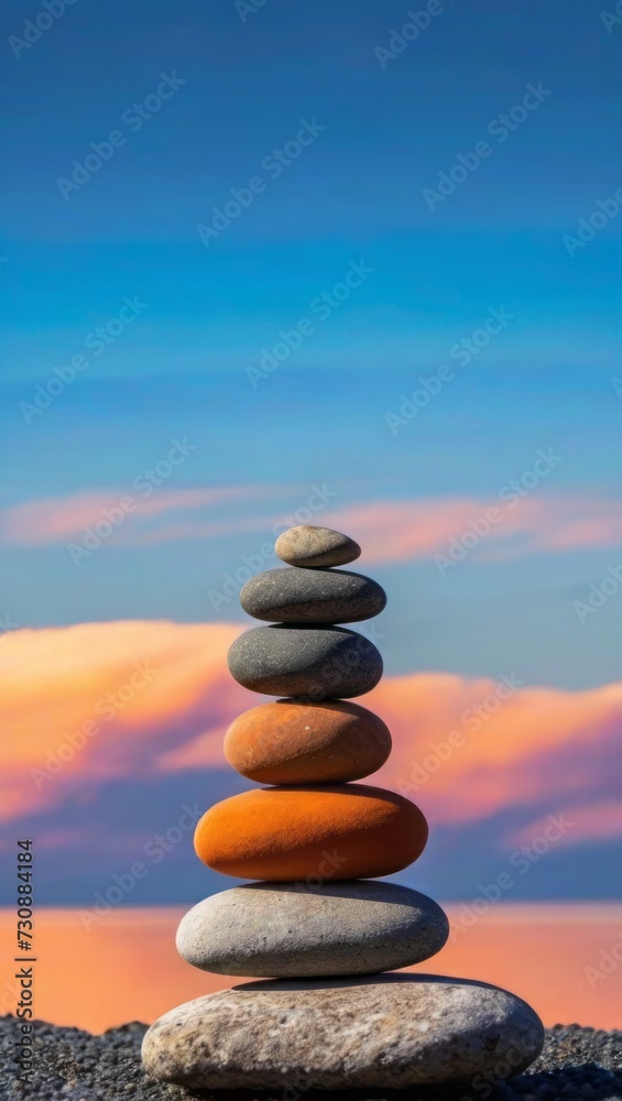 Balanced Stone Cairn at the Beach Against a Vibrant Sunset Sky
