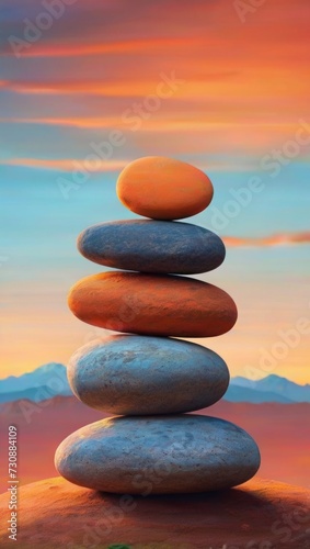 A carefully stacked cairn of smooth, multicolored stones stands serenely against the backdrop of a vivid sunset over the ocean.