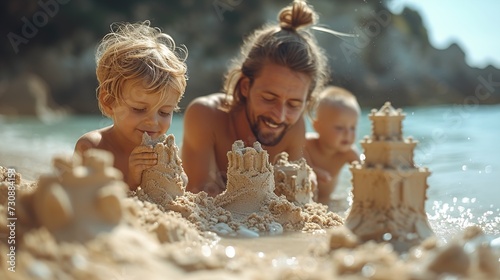 Father and son playing with sand on the beach. Happy family concept. Generative Ai.  photo