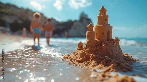 Children play with sand castle on the beach. Selective focus. Generative Ai. 