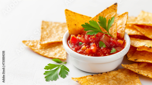 Tortilla chips with salsa on white background photo