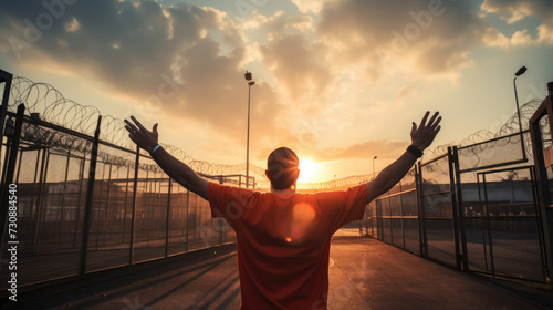 Prisoner being released from prison and greeting freedom with the open gates