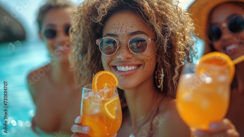 Beautiful woman enjoying in summer day while drinking cocktail . Generative Ai. 