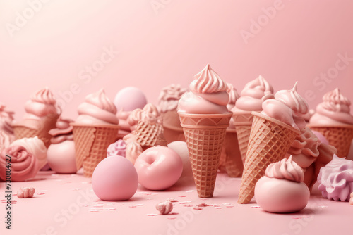 Set of waffle cones with pink ice cream balls on pink background