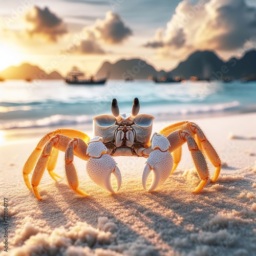 Beautiful nature of wildlife, Close-up of Wind Crab, Ghost Crab or Ocypode on the sand in summer at the beach near the sea in Koh Lipe