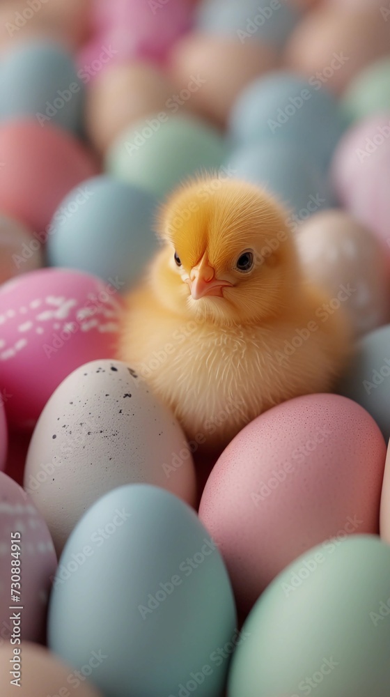 Adorable yellow tiny chick is surrounded by Easter eggs in soft pastel hues. Vertical Easter banner with copy space. AI Generated