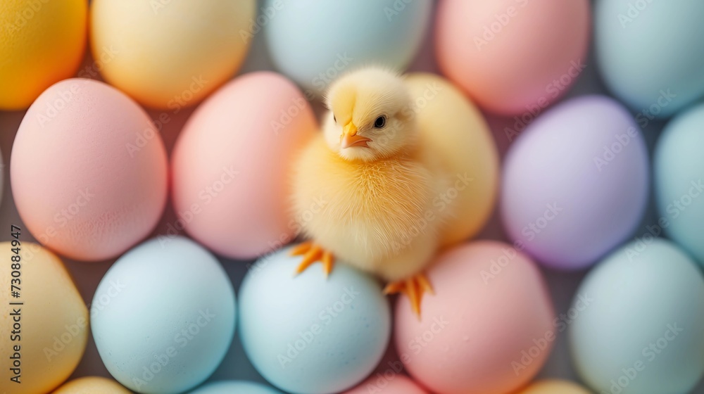 Adorable yellow tiny chick is surrounded by Easter eggs in soft pastel hues. Horizontal Easter banner with copy space. AI Generated Adorable yellow tiny chick is surrounded by Easter eggs in soft pastel hues. Horizontal Easter banner with copy space. AI Generated