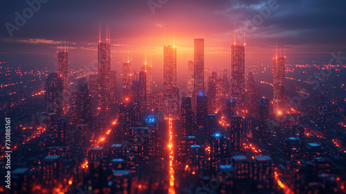 city nightlife electronic high-rise building construction wires on the ground blue neon modern technology concept, science, future technology digital high-tech city design