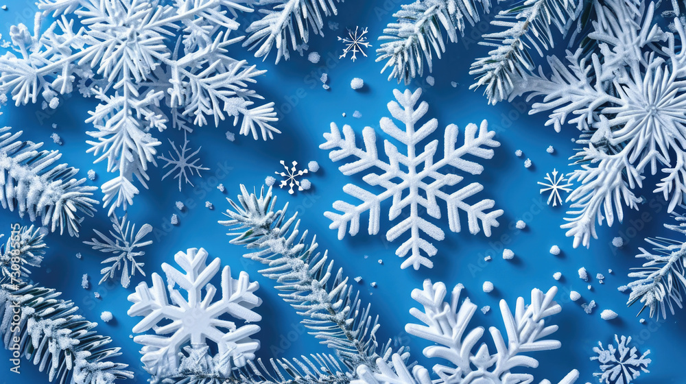 Blue Background with Snowflakes and Pine Branches Blue Background with Snowflakes and Pine Branches