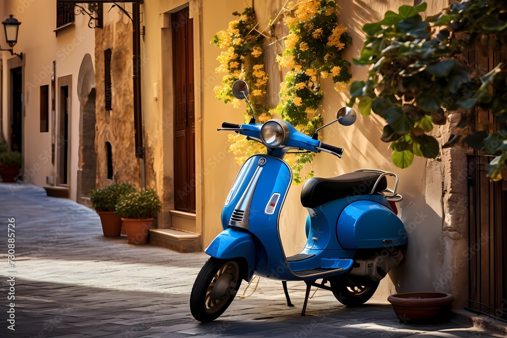 Naklejka premium Delightful scene of a blue scooter resting on the side of a sunlit street in an Italian town, capturing the essence of leisure and simplicity