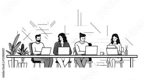 Worker-focused vector art portraying a team of professionals in an office setting  working together with computers  documents  and a focus on productivity. simple minimalist illustration creative