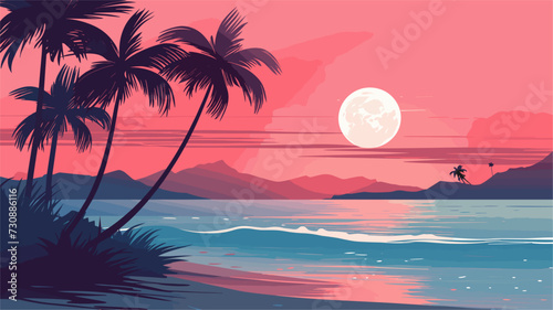 Vector art capturing the beauty of a beach during twilight  with palm trees  gentle waves  and a warm  dreamy color palette for a visually captivating and peaceful composition. simple minimalist photo
