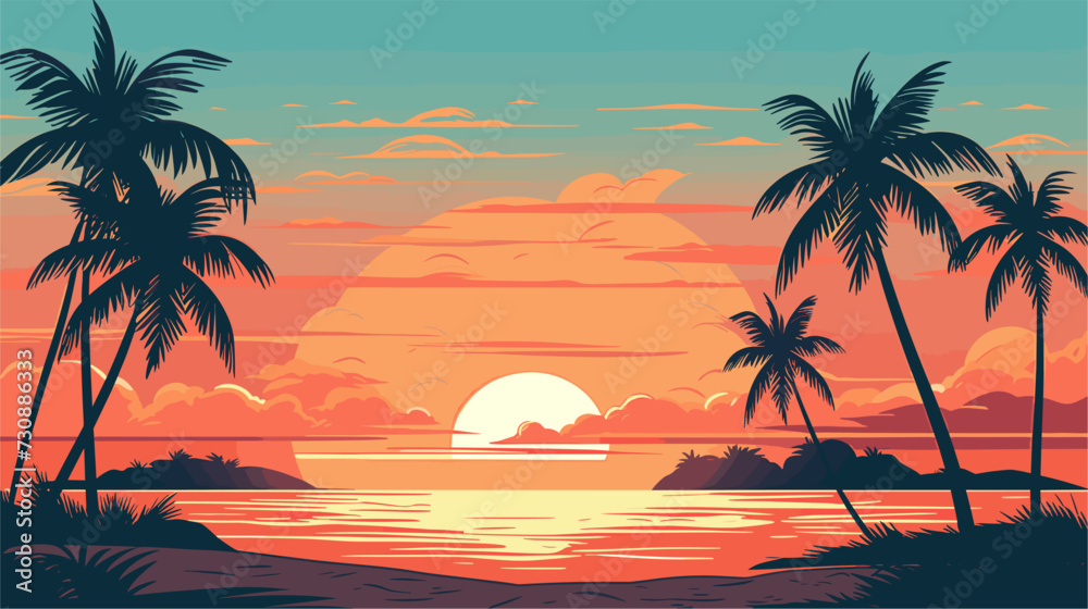 Vector scene of a tropical beach at sunset  showcasing palm trees  gentle waves  and warm hues for a visually enchanting and relaxing composition. simple minimalist illustration creative