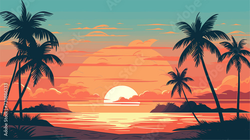 Vector scene of a tropical beach at sunset showcasing palm trees gentle waves and warm hues for a visually enchanting and relaxing composition. simple minimalist illustration creative