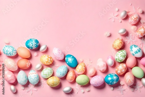 Delicate pastel pink background adorned with vibrant Easter eggs and fluffy flakes, offering ample space for enchanting text.