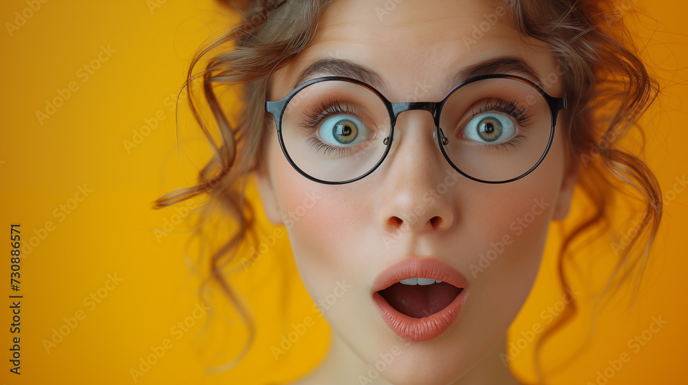 Close up portrait of a surprised young woman in glasses looking at camera over yellow background Close up portrait of a surprised young woman in glasses looking at camera over yellow background